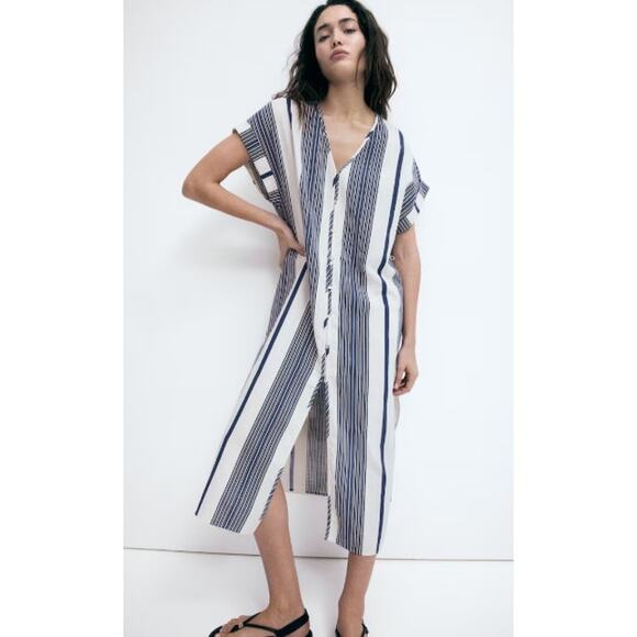 New NWT H & M Cotton Long Midi Casual Dress Size XXL Striped Summer Vacation - Picture 2 of 12